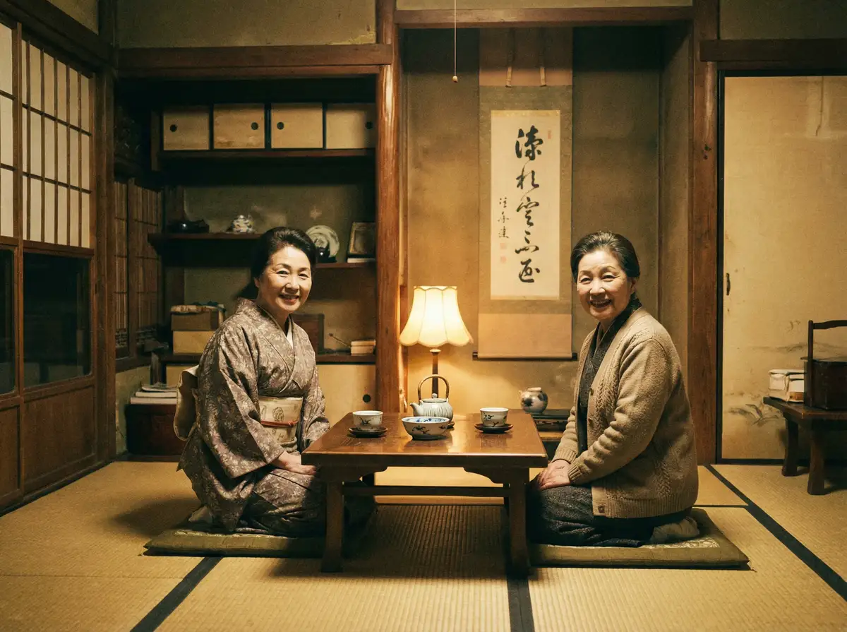 两位优雅的 免费看黄软件 在日式茶室中品茶交谈